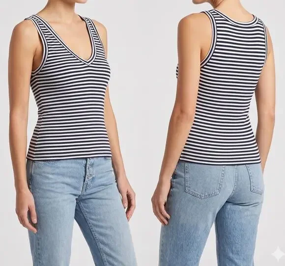 Ann Taylor LOFT Medium Black White V Neck Tank Top 100% Cotton
