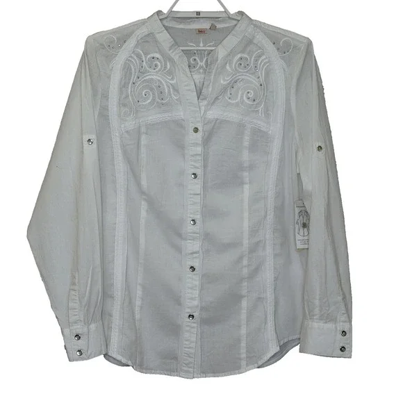 Reba Arizona Spirit Button Up Top Womens XL White Embroidery Studded Cotton NEW