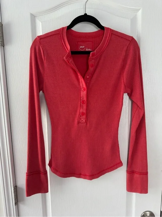 aerie Red Ribbed Henley Long Sleeve Top