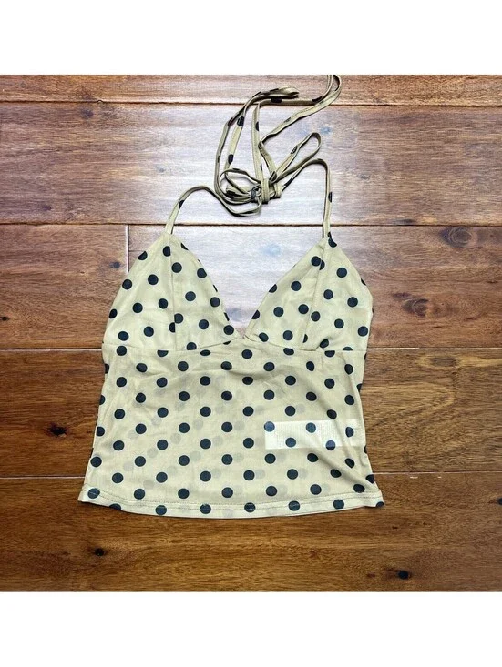 Polka Dot Mesh Halter Top Beige Black Sheer Y2K Style Crop Top XS