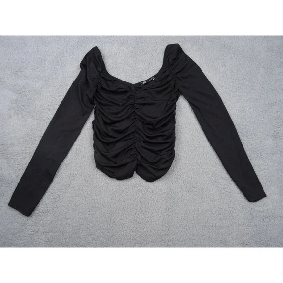 Zara Womens Top Size Small Black Ruched Front Back Long Sleeve Double V-Neck NWT