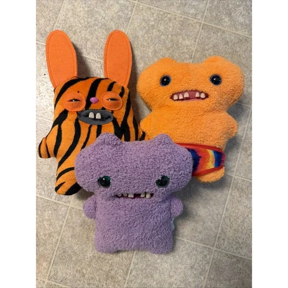 Fuggler Plush Toy Lot of 3 Bundle - Cheezee Calico Cat, Yeti, Pink Bat Clip-On