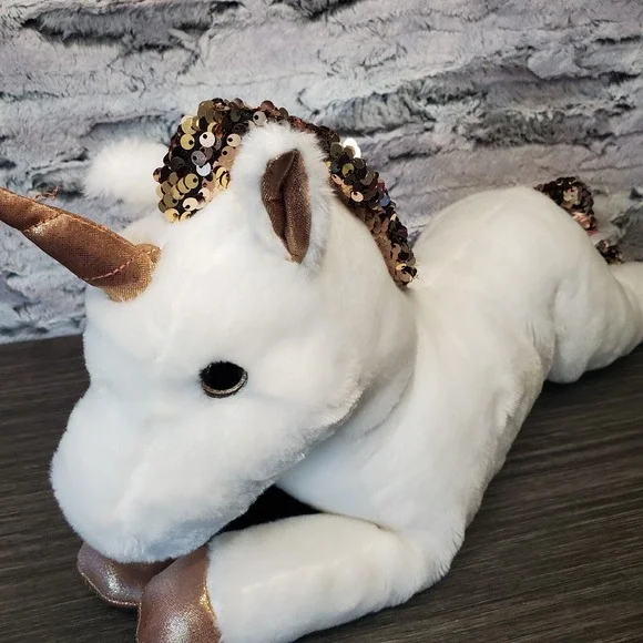 Aurora Shimmers Rose Gold Flippy Sequins White Unicorn Stuffed Animal Plush‎ 12