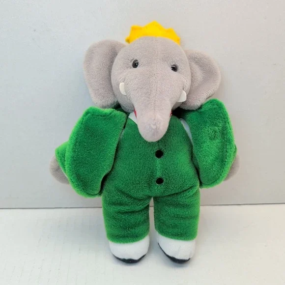Vintage 1988 Babar the Elephant Plush Gund Green Suit Yellow Crown 8 inch Toy