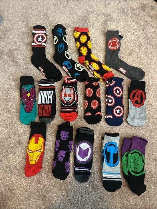 Marvel Men's Crew Socks Pack - Red, Yellow, Blue, Black, Gray, Purple, Green
