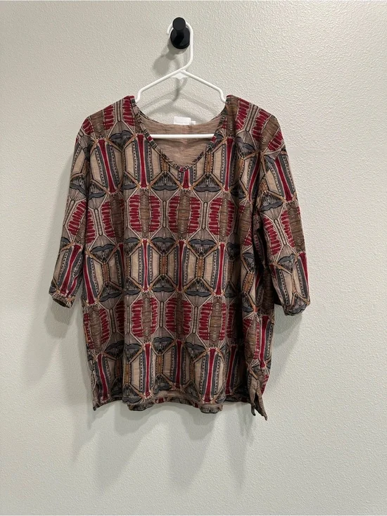 Prairie Cotton Relaxed Geometric Print Womens Top,3/4 sleeve,USA