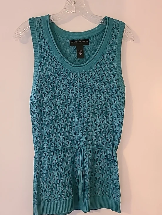 Geoffrey Beene Pointelle Knit Boho Tank Top Turquoise Sleeveless Sweater