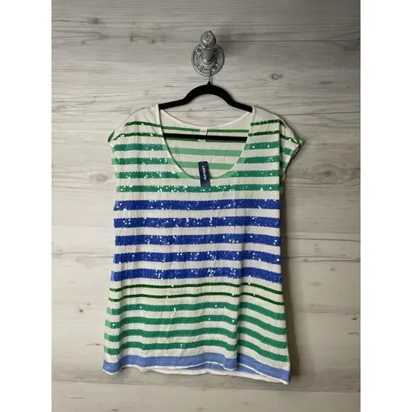 Old Navy Shirt Womens Large Green Blue Sequin Stripe Scoop Neck Short Sleeve Top