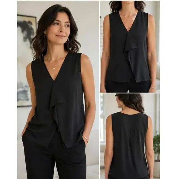 Elie Tahari Black Silk Sleeveless Draped V-Neck Blouse Top Women's M Minimalist