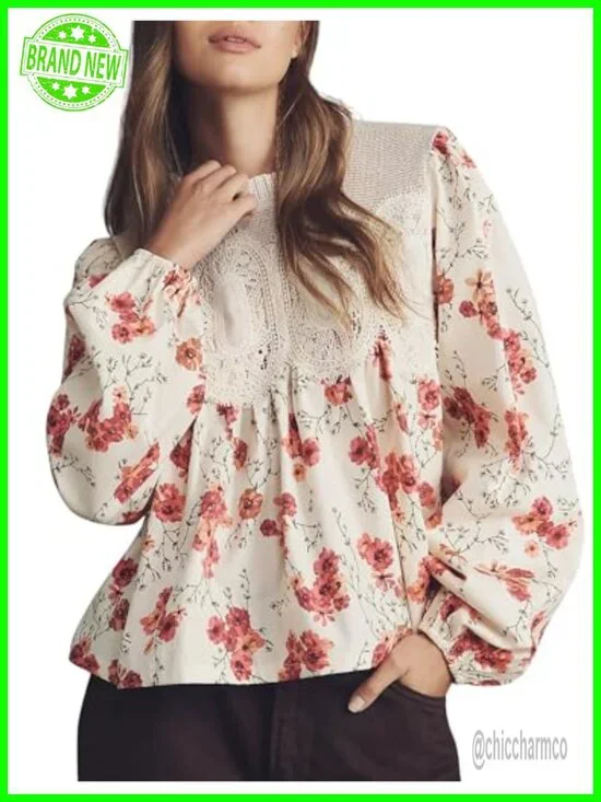 Women's Lace-Detail Poplin Mesh Swing Babydoll Top Long Sleeve Flared Blouse