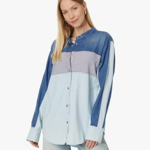 Free People Motto Color Block Shirt Blue Combo Size XL NWT
