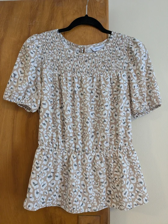 Nine West Beige Animal Print Smocked Peplum Top