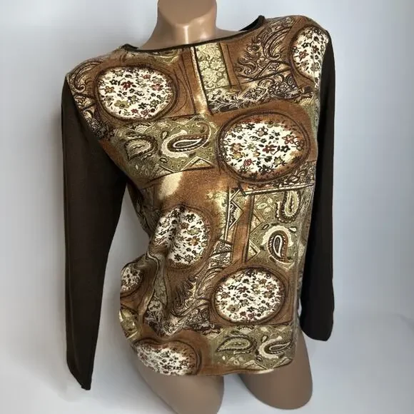 Vintage Y2K Brown Baroque Paisley Top M Whimsigoth Fairy Grunge Long Sleeve Boho