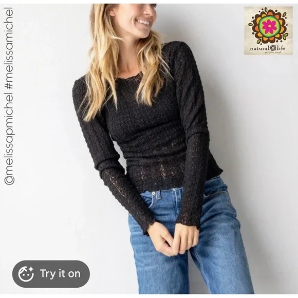 Natural Life Womens Black Lace Long Sleeve Scoop Neck Blouse Top Small