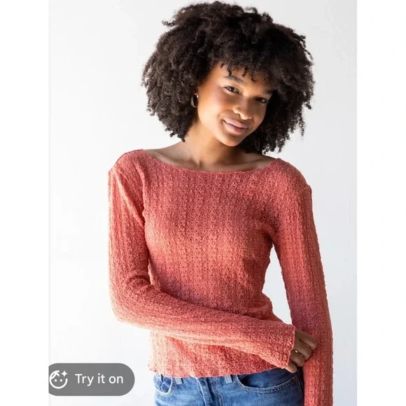 Natural Life Womens M Terracotta Coral Textured Knit Boat Neck Long Sleeve Top