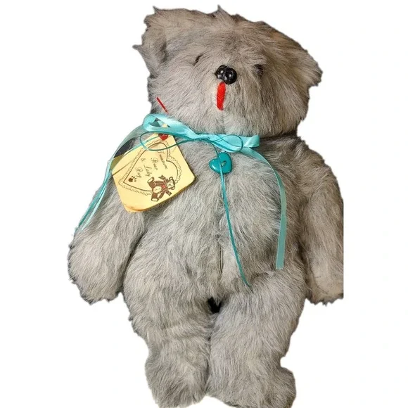 Vintage Treasure Bear and Ladybug Gray Bear Plush With Tags Handmade 1988‎