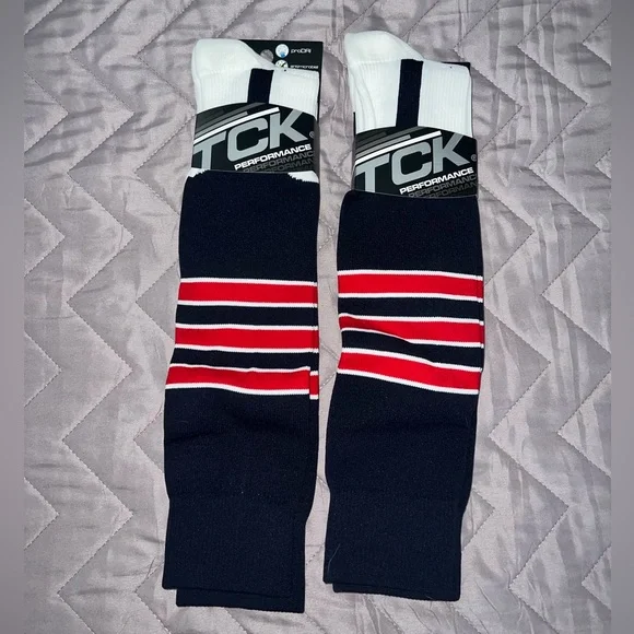 TCK Men's Athletic Crew Socks - 2 pairs Navy w/ Red & White Stripes