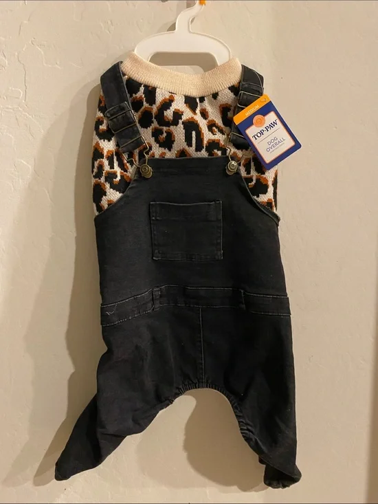 Top Paw Black Denim Overalls with Leopard Knit Yoke