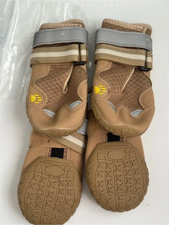 Tan Reflective Strap Dog Boots - Paw Print Detail