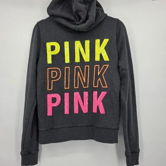 PINK Victoria's Secret Gray Neon Dog Logo Sequin Bling Full Zip Hoodie Medium
