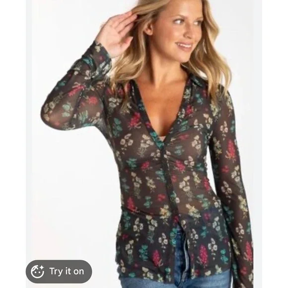 Natural Life Womens Large Sheer Mesh Dark Floral Ruched Button Down Blouse Top