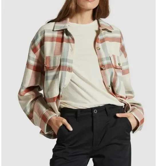 Brixton Bowery Cropped Flannel Shirt Plaid Terracotta White Smoke Womens Sz L