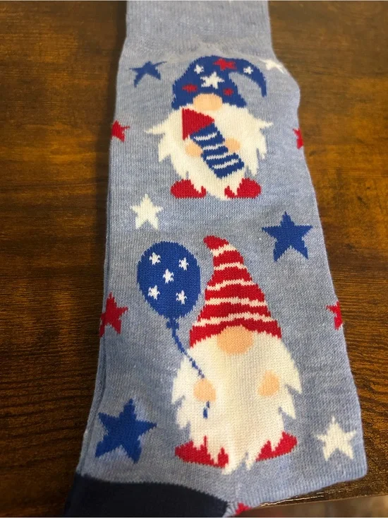 Hallmark Light Blue Patriotic Gnome Crew Socks with Red, White & Blue Accents
