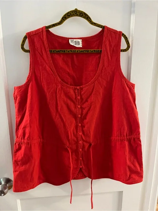 Red Button-Front Cotton Tank Cinched Waist