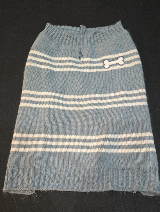Grayish Blue & White Striped Dog Sweater with Bone Accent #689