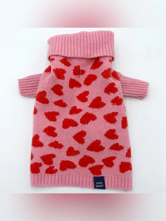 Little Beast The Love Dog Sweater Pink with Red Hearts and Sleeves Size S