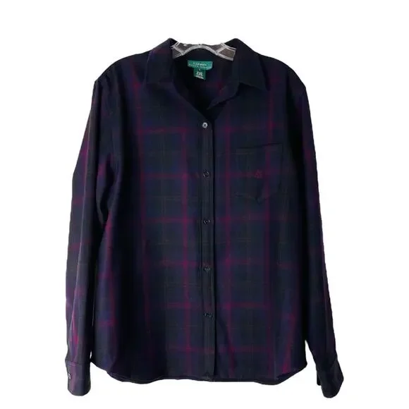 Ralph Lauren purple green red wool plaid preppy button front academic top large