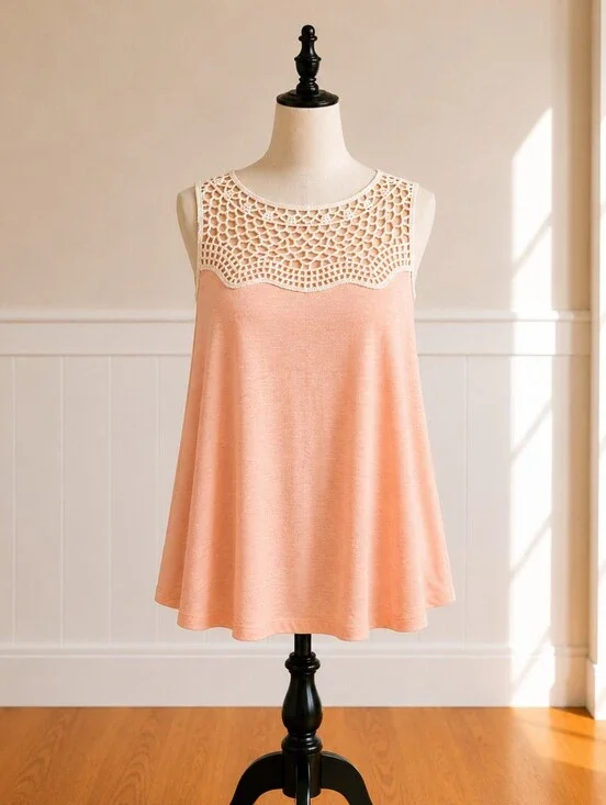True Freedom Peach Sleeveless Top with Crochet Detail