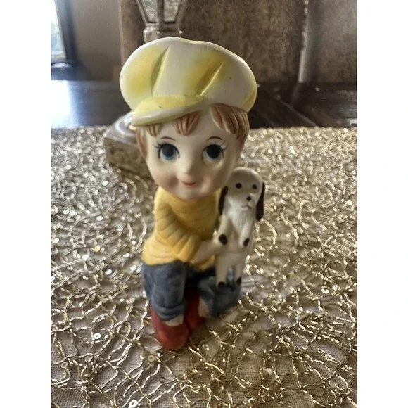 Vintage Korea Boy With Dog Ceramic Figurine Yellow Hat Red Shoes Decor‎ Kitsch