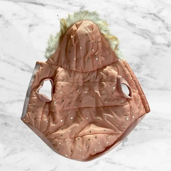 Peach Dog Coat with Faux Fur Hood & Gold Star Print​