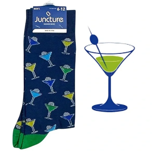 Martini Cocktail Socks Fun Novelty Print One Size Unisex Men 6-12 Blue Green