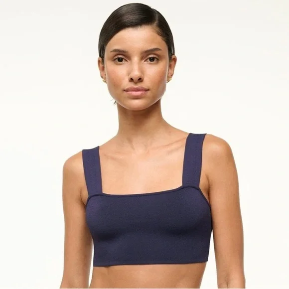 NWT Staud Zola Knit Crop Top Navy Blue & White Embroidered Logo Size Large