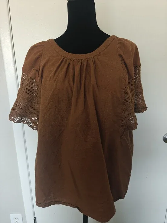 crochet mesh trim Top Cinnamon flutter sleeves L Cotton Peasant