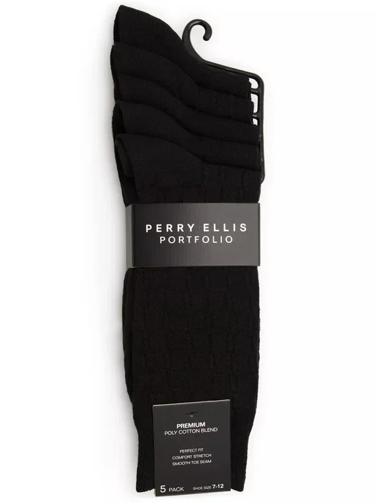 Perry Ellis Portfolio Men's 5-Pack Dress Socks Black Shoe Size 7-11 NWT