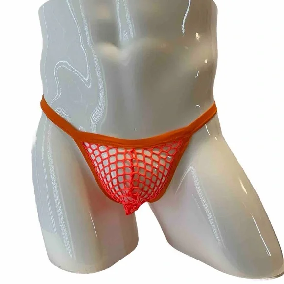 Mens Thong G-String Mesh See Through Orange Underwear Medium