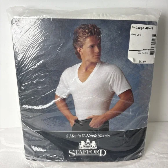 Vintage Stafford V Neck T Shirts Size Large 42-44 Undershirt White Cotton 3 Pack
