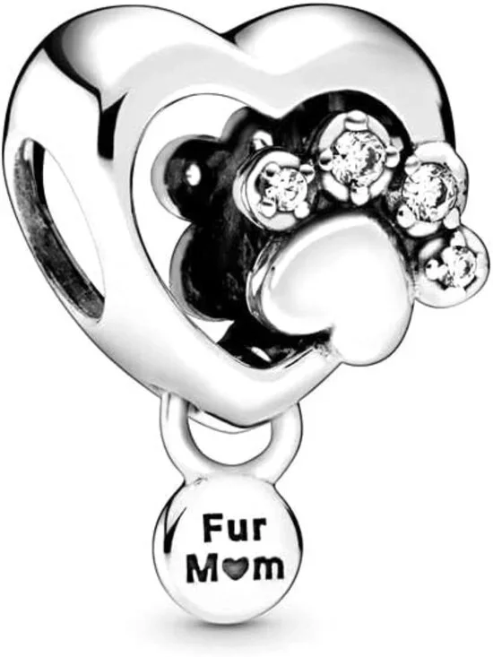 925 Sterling Silver Fur Mom Pendant with Sparkling Paw Print & Heart Charms