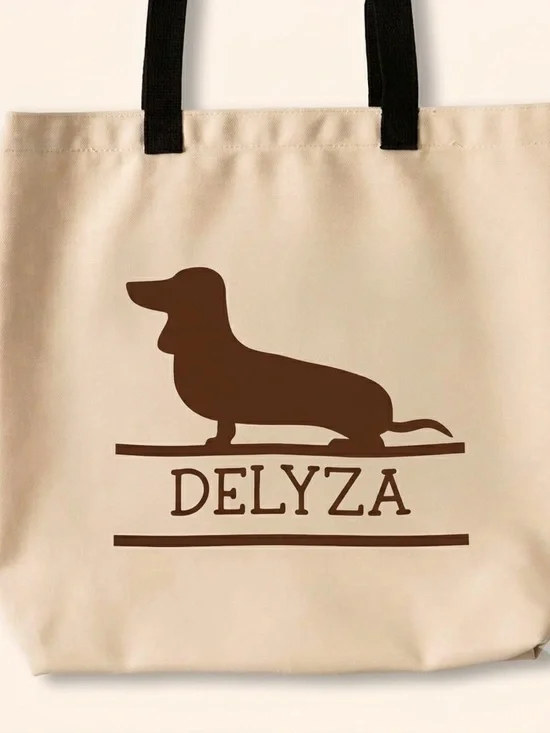 Beige Canvas Dog Tote Bag with Brown Dachshund Print 19“ x 14“