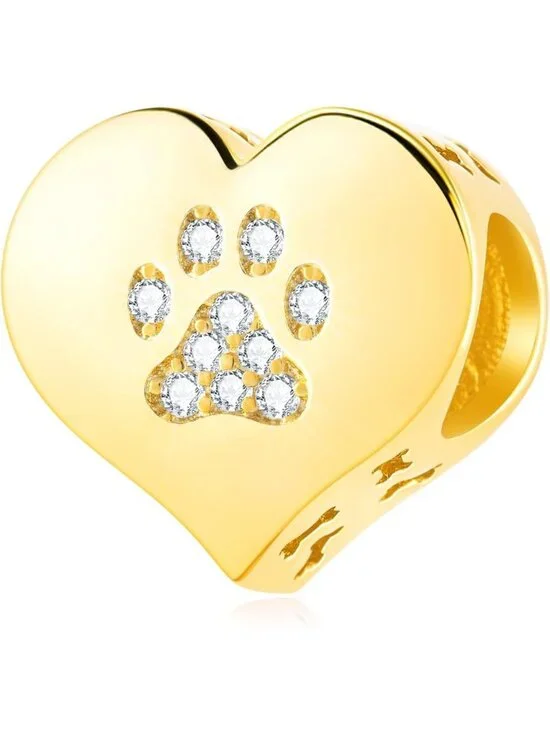 Sparkly Gold Plated Dog Paw Print Charm for Animal Bracelets | 925 Silver Bead
