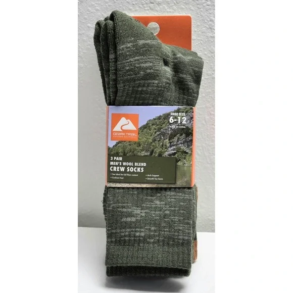 Men's Ozark Trail Wool Blend Crew Socks 3 Pair Size 6-12 Green