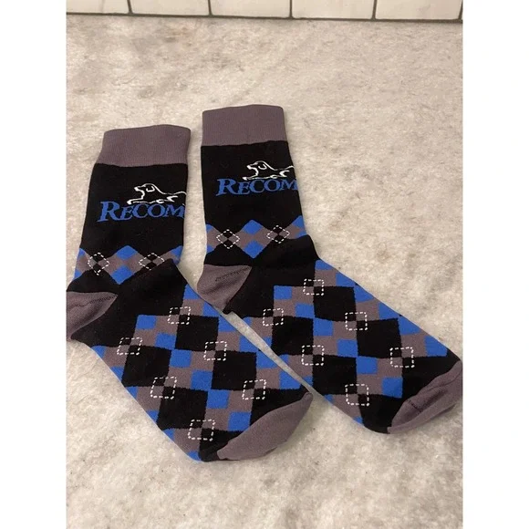 Recombitek Socks Mens OSFM Black Blue Argyle Crew Dress Socks Veterinary Promo