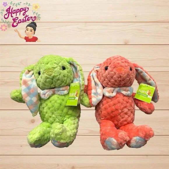 2x Kellytoy Easter Bunny Plush Green Pink Checkered Stuffed Animal 9