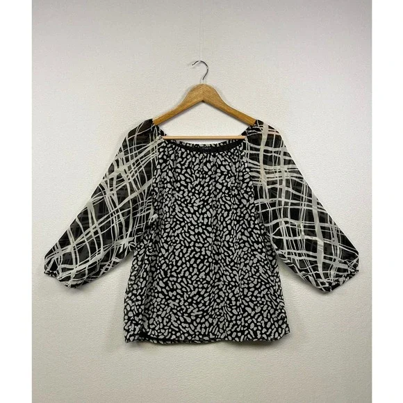 Ann Taylor Mixed Print Abstract Blouse Womens Small Black White 3/4 Sleeve Top