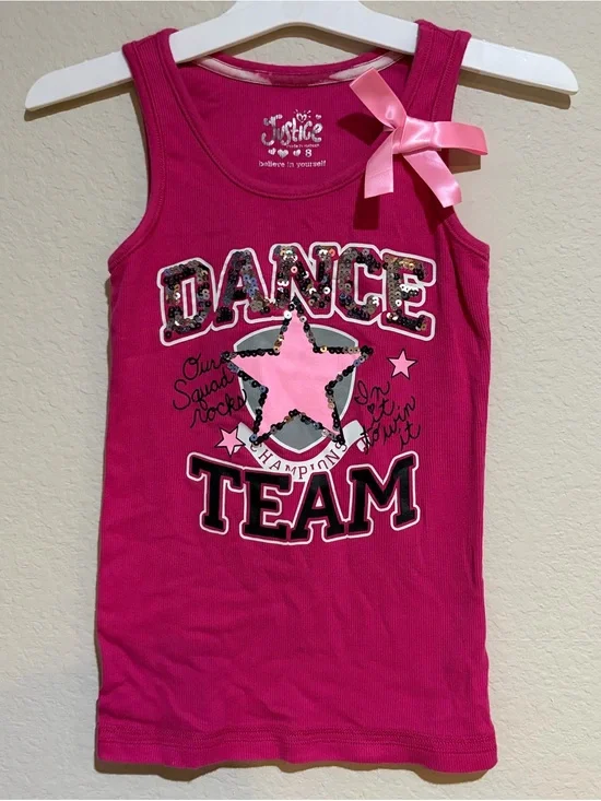 Justice Girls Size 8 Pink Dance Team Sequin Tank Top Bow Sleeveless Shirt
