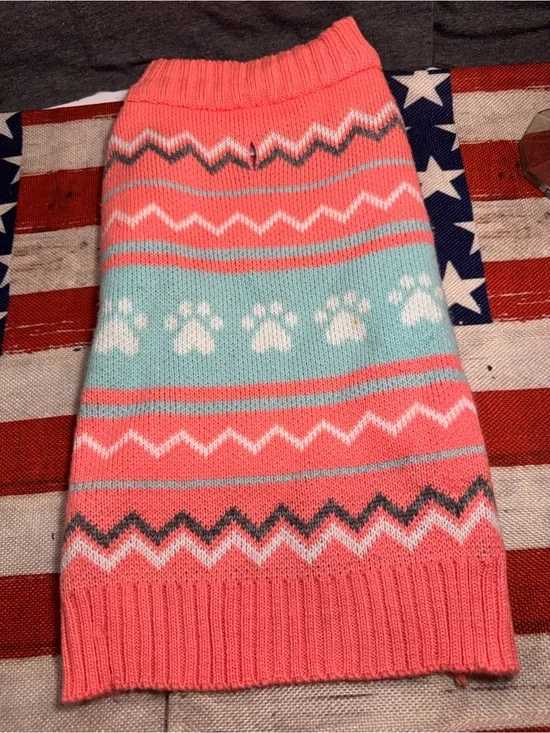 Pet Sweater - Coral & Light Blue Paw Print Knit