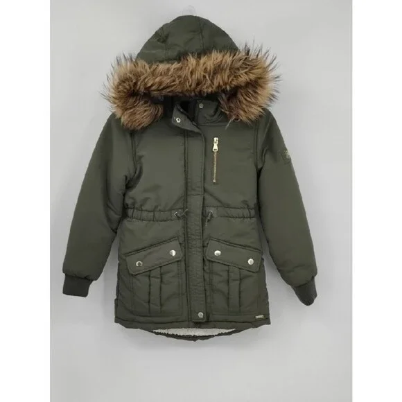 Justice Olive Green Fur Hood Sherpa Long Winter Coat Jacket Label Detail S 7/8